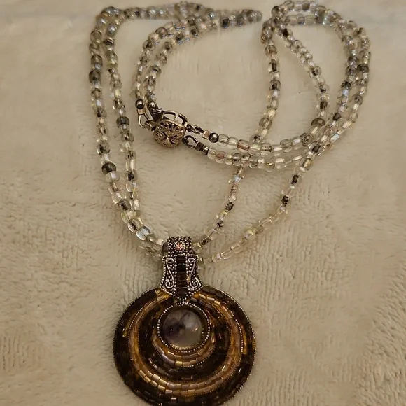 Vtg BEST 1980s Glass Beaded Round Pendant Witchy Necklace - Picture 2 of 13